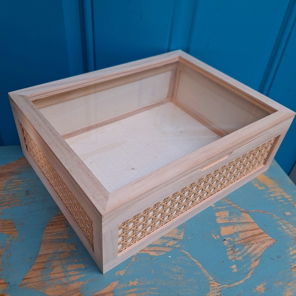 Wood and Glass Display Box or Wall Shelf Hinged Lid Wicker Trinkets Collectibles - Picture 2 of 15